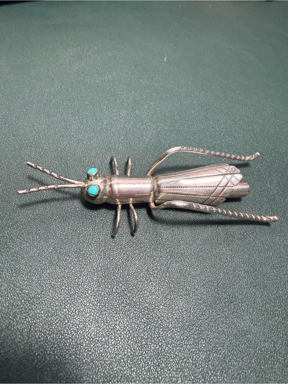 E. Spencer Navajo Sterling Silver Turquoise Eyes Grasshopper Brooch Vintage 80s